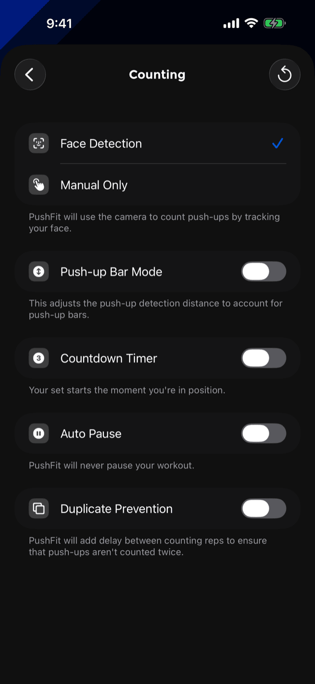 The Counting settings screen showing Face Detection selected, Push-up Bar Mode, Countdown Timer, Auto Pause and Duplicate Prevention