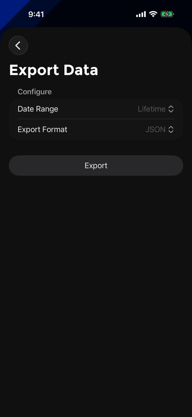The Export Data screen with a date range, an export format and an Export button