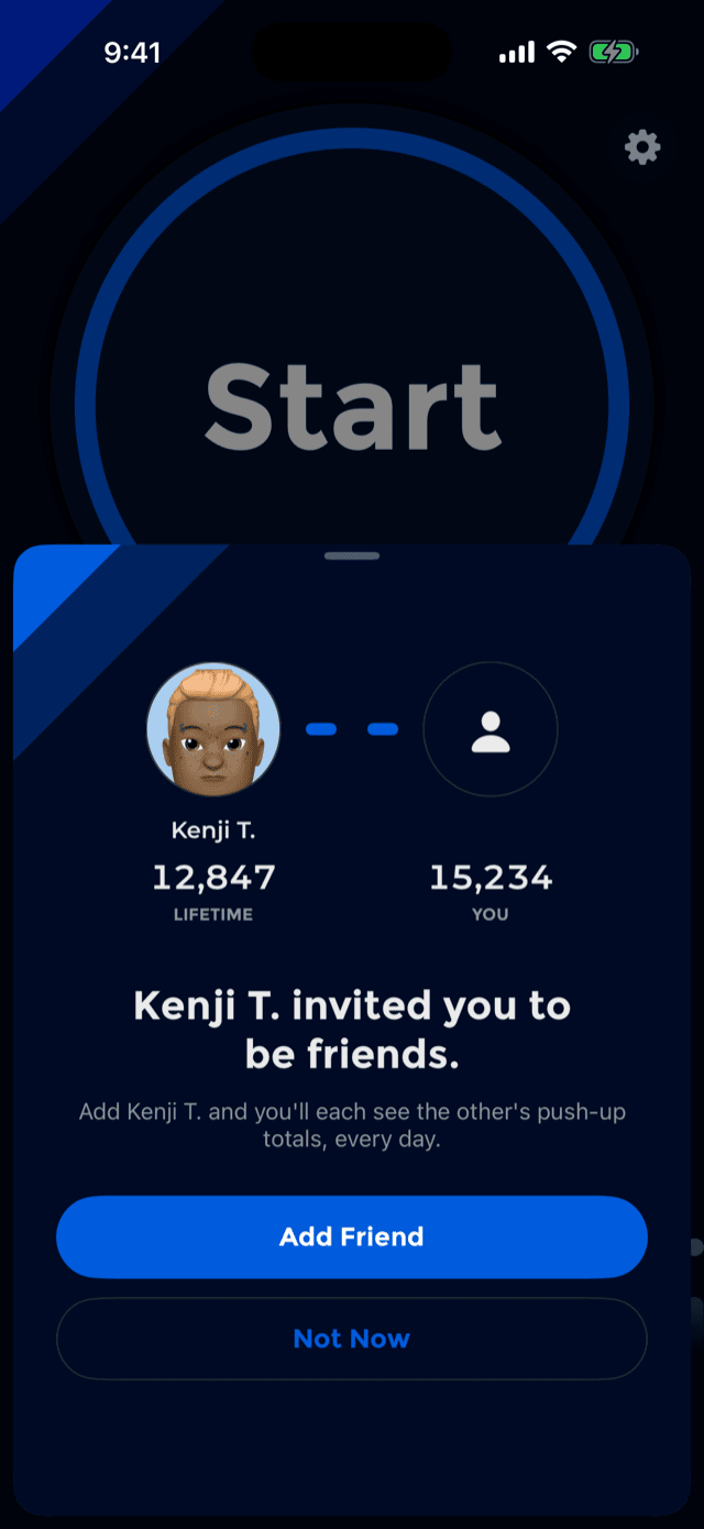 The friend invite screen: two circles joined by a broken link, the inviter's name and lifetime total beside your own, and Add Friend and Not Now buttons