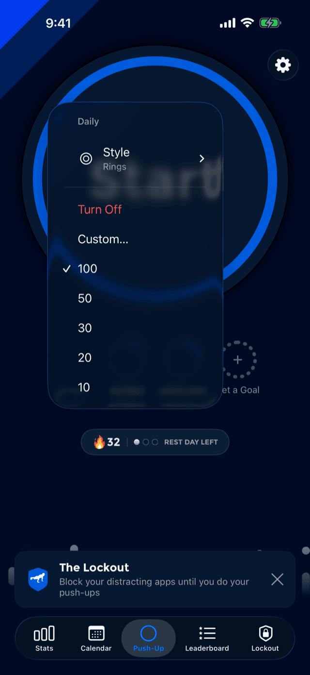 The goal menu open over the home screen, offering a style submenu, Turn Off, Custom and suggested amounts