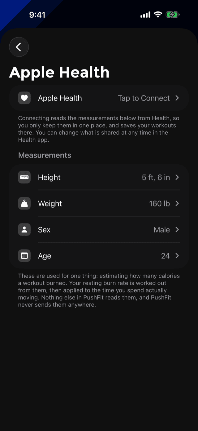 The Apple Health settings screen: a connection row, then height, weight, sex and age