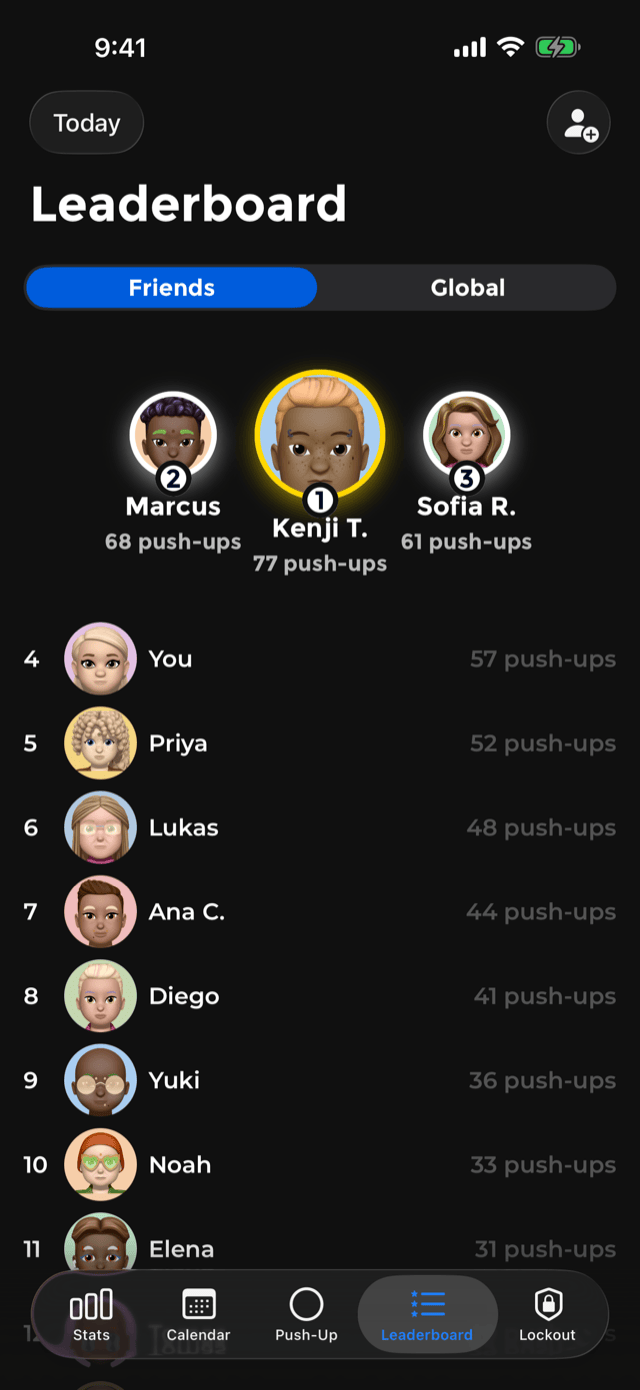 The friends leaderboard with a podium of three and a ranked list below