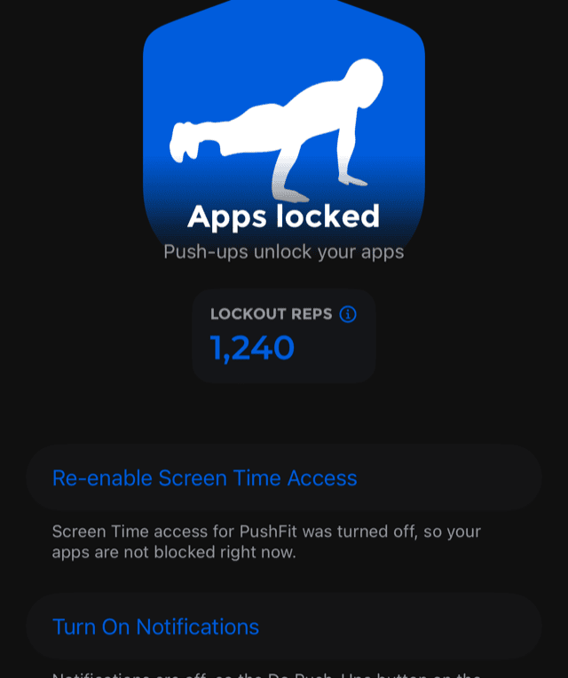 The Lockout tab: Apps locked, the tagline No shortcuts. Just reps, a Lockout Reps count of 1,240 and the master switch