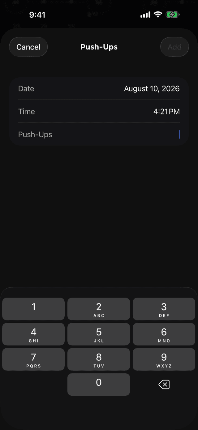 Manual entry: date, time and a push-up count with a numeric keypad