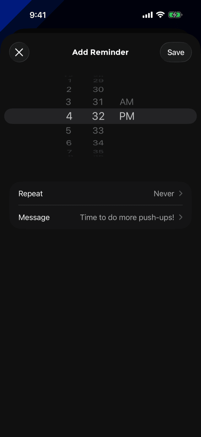 The Add Reminder sheet: a time wheel, a Repeat row and an editable message