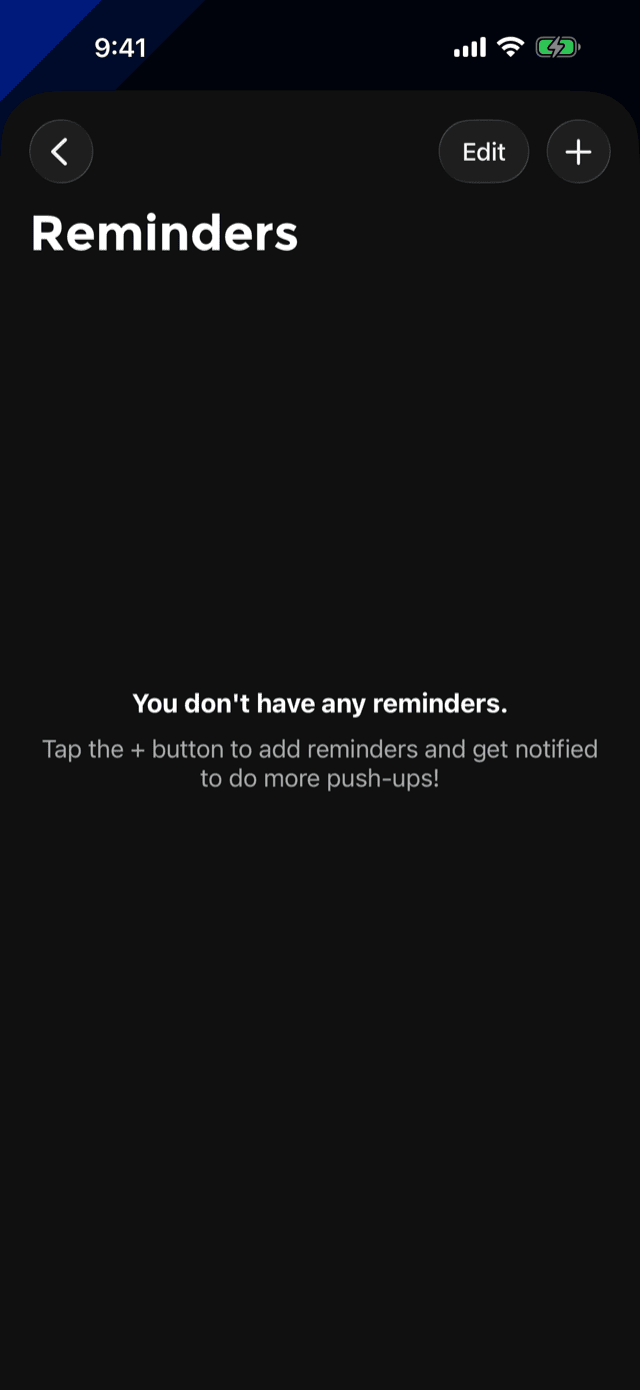 The Reminders screen with no reminders yet, explaining how to add one