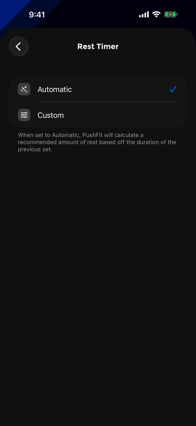 Rest Timer settings offering Automatic or Custom