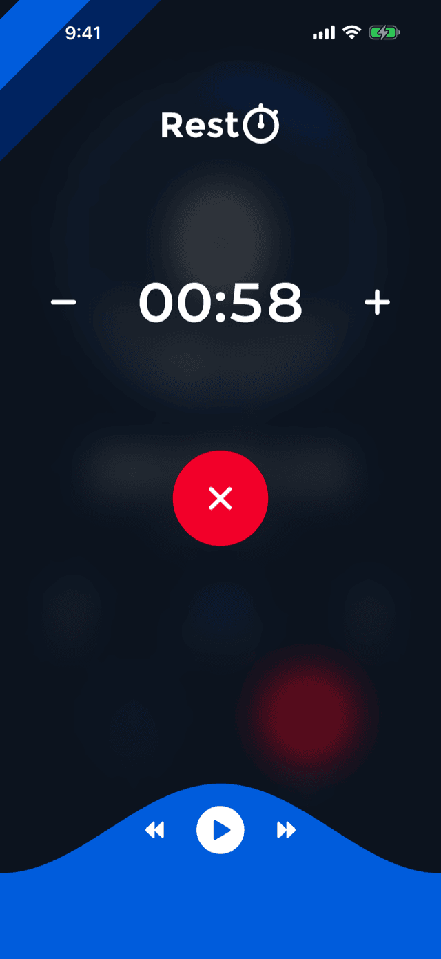 The rest screen: a countdown at 58 seconds with minus and plus controls and a red stop button