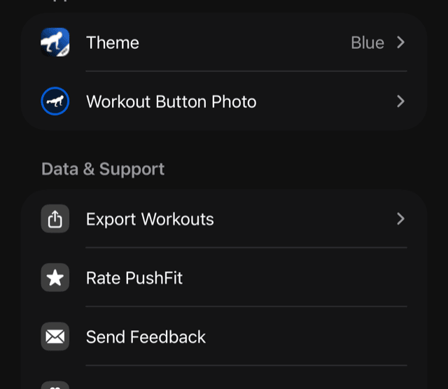 The Appearance and Data and Support sections of Settings