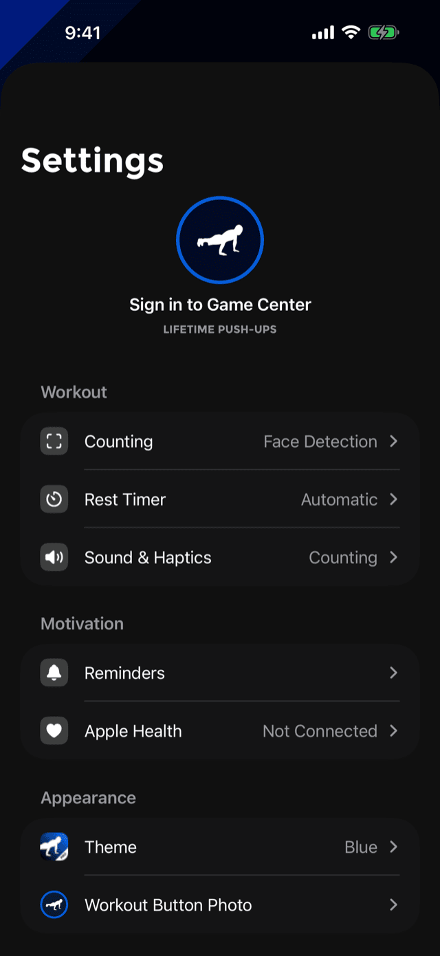 The top of the Settings screen, with the identity header showing your name and lifetime push-ups