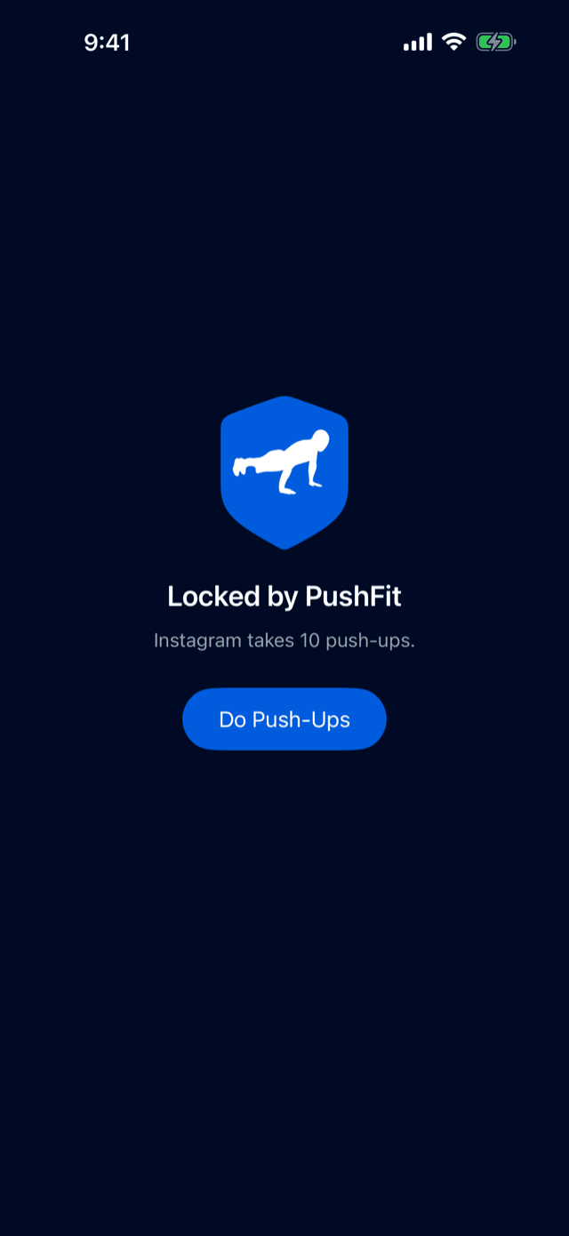 The PushFit shield over a blocked app, reading Locked by PushFit, Instagram takes 10 push-ups, with a Do Push-Ups button