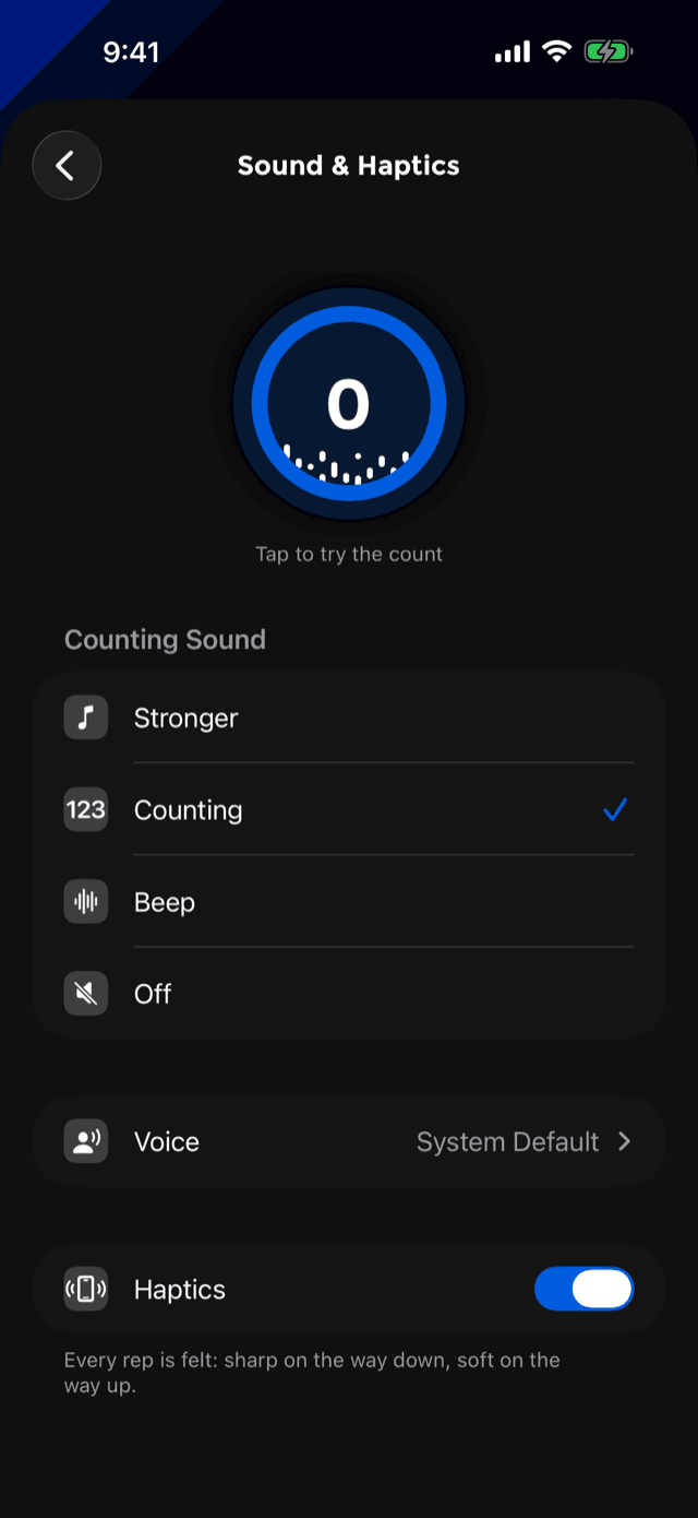 Sound and Haptics settings with a tappable demo counter, four sound options, a voice row and a haptics toggle