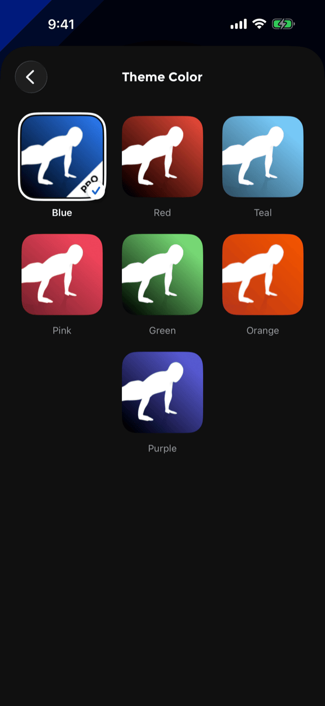 The Theme Color screen showing seven app icons in blue, red, teal, pink, green, orange and purple