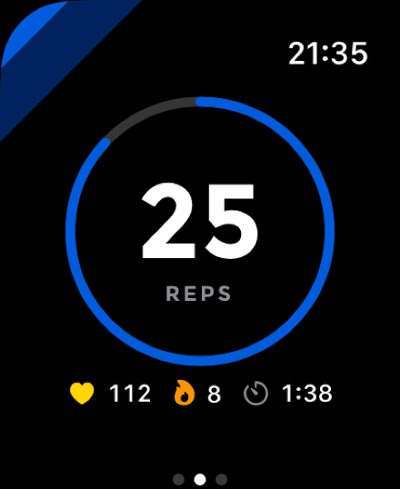 The live watch workout screen: 25 reps as a hero number inside a goal ring, with heart rate, calories and a timer underneath