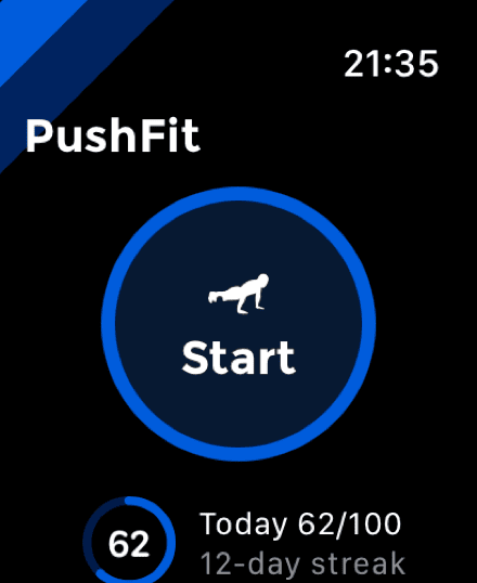 The PushFit watch app start screen with a Start circle, today's count against the goal and a 12-day streak