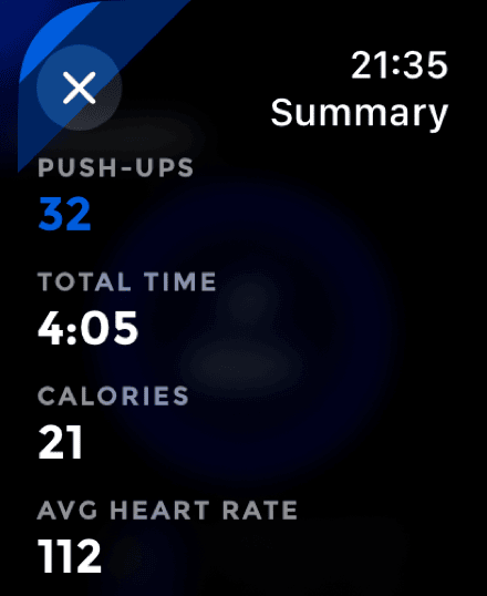 The watch workout summary listing push-ups, total time, calories and average heart rate