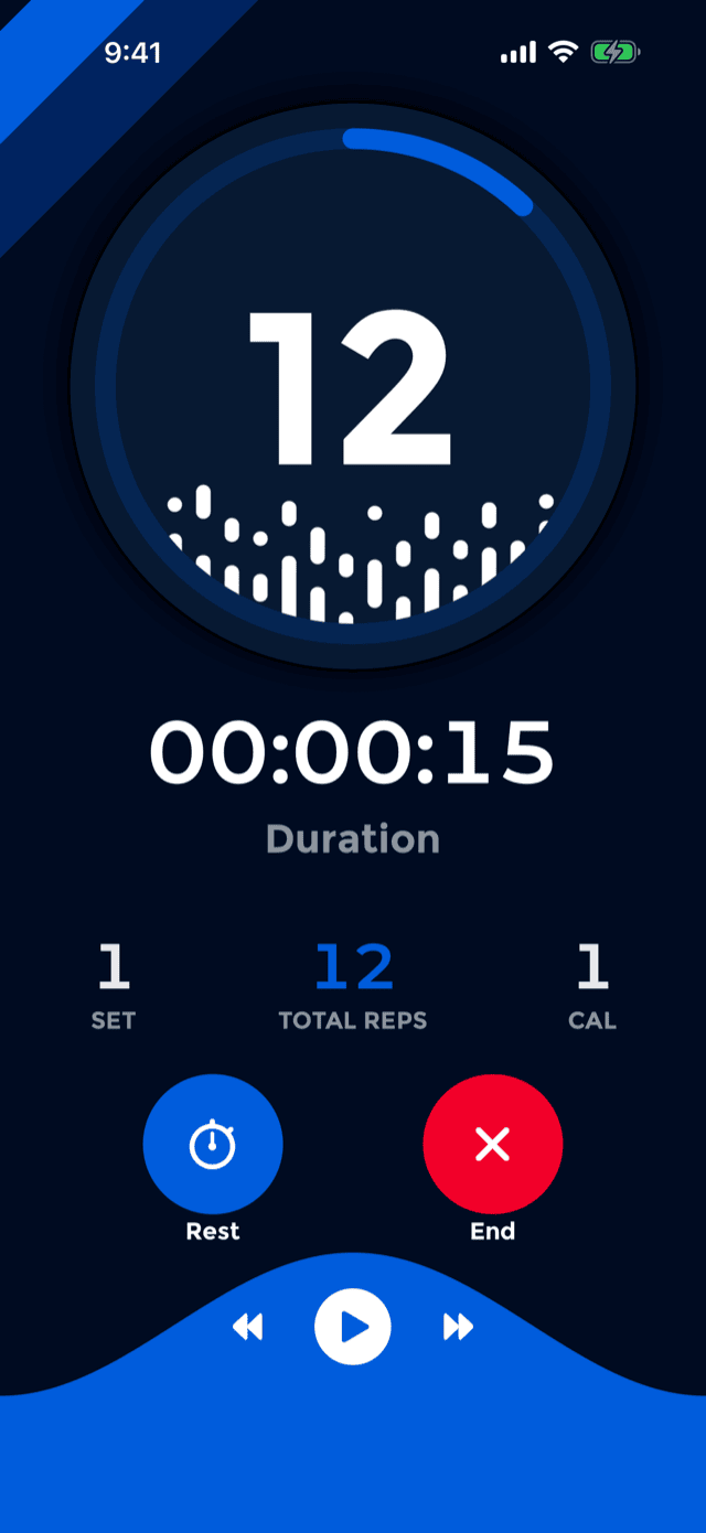 A workout in progress, the counter reading 12 with Rest and End controls below