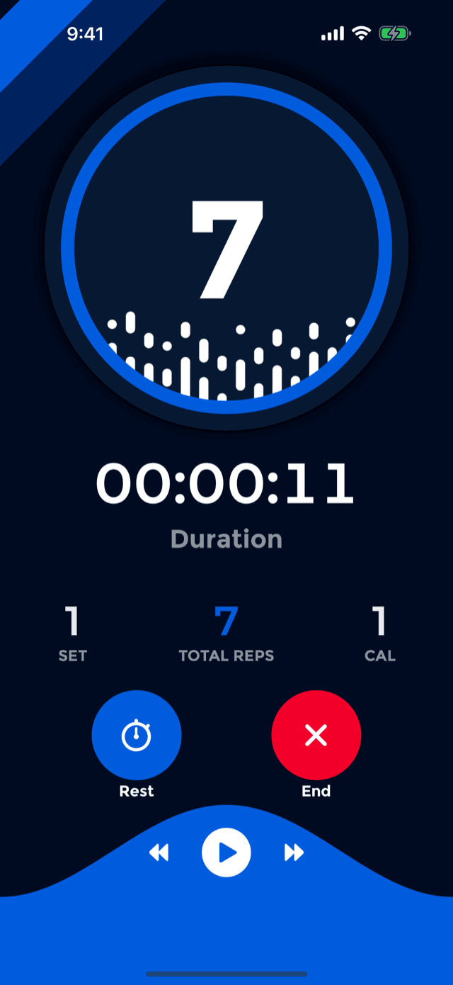 A PushFit workout in progress, the counter showing seven reps